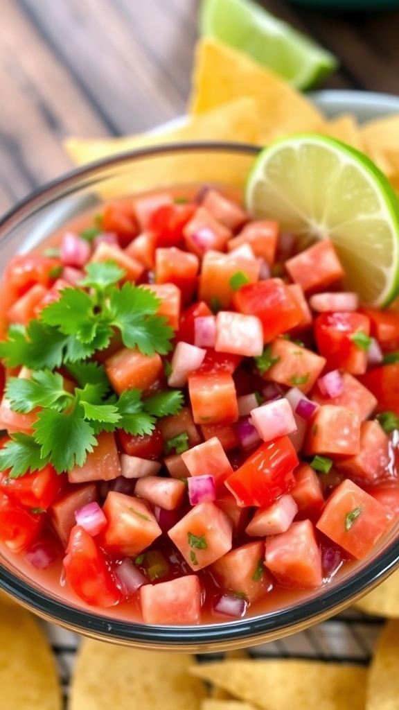 A bowl of fresh tuna ceviche with tomatoes, onions, and cilantro, served with lime and tortilla chips.